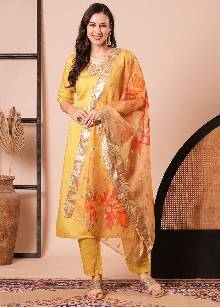 3 Pc Yellow Readymade Chanderi Dupatta Suit Set