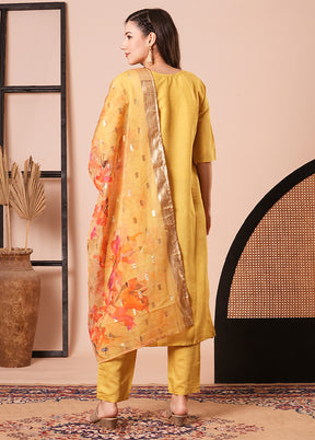 3 Pc Yellow Readymade Chanderi Dupatta Suit Set