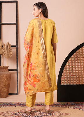 3 Pc Yellow Readymade Chanderi Dupatta Suit Set