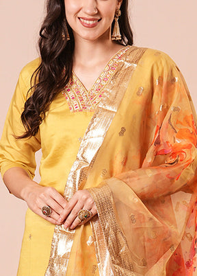 3 Pc Yellow Readymade Chanderi Dupatta Suit Set