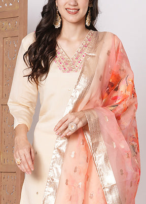 3 Pc Peach Readymade Chanderi Dupatta Suit Set