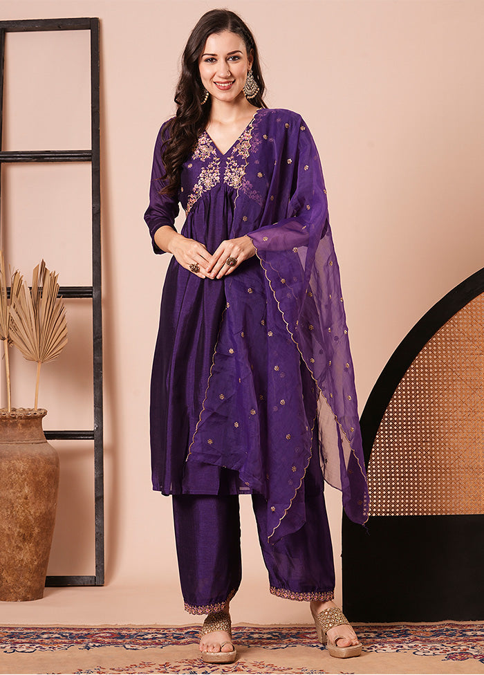 3 Pc Purple Readymade Silk Dupatta Suit Set