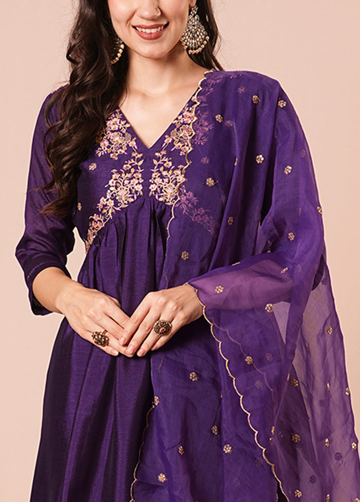 3 Pc Purple Readymade Silk Dupatta Suit Set