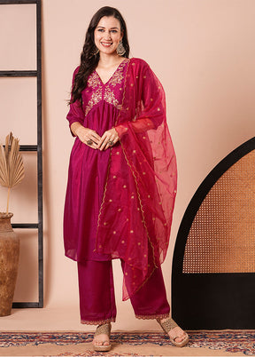 3 Pc Pink Readymade Silk Dupatta Suit Set