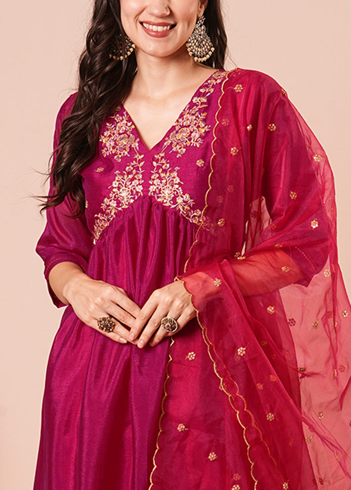 3 Pc Pink Readymade Silk Dupatta Suit Set