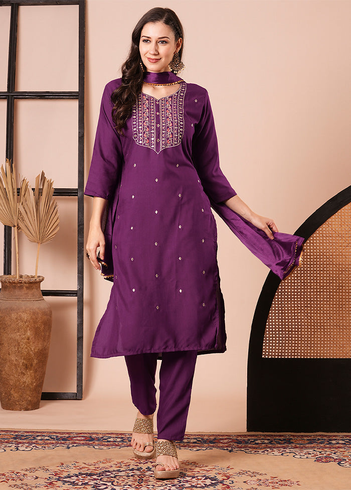 3 Pc Purple Readymade Rayon Dupatta Suit Set