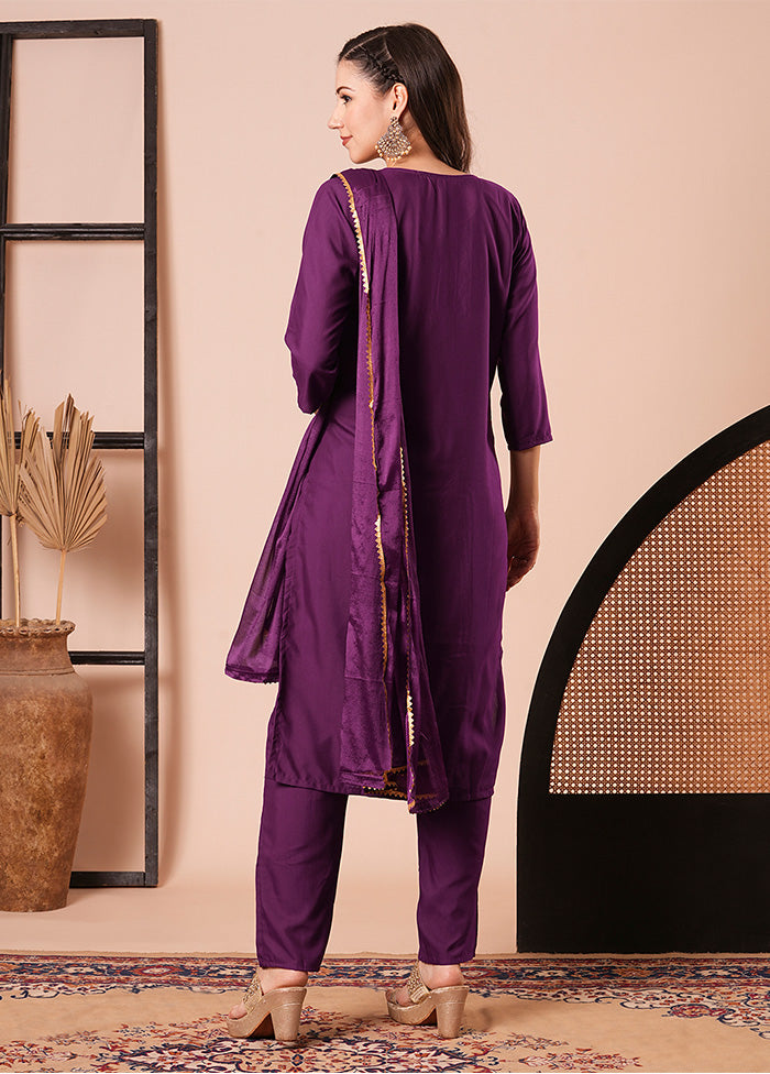 3 Pc Purple Readymade Rayon Dupatta Suit Set