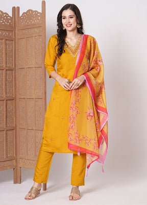 3 Pc Mustard Readymade Viscose Dupatta Suit Set