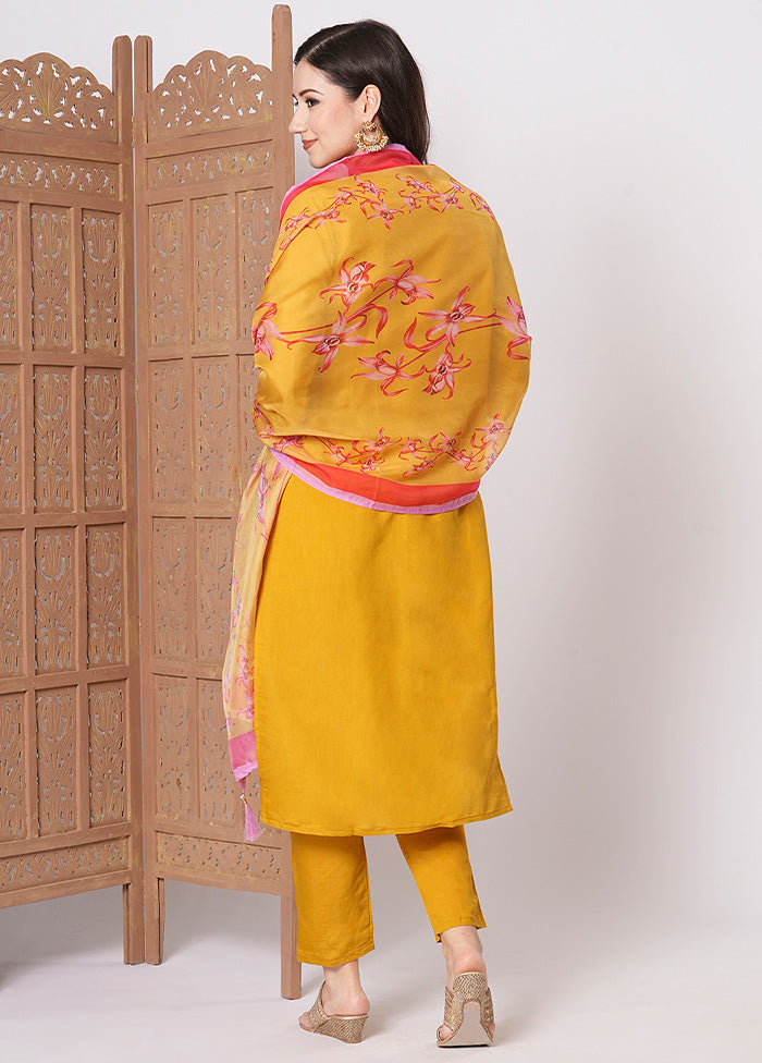 3 Pc Mustard Readymade Viscose Dupatta Suit Set