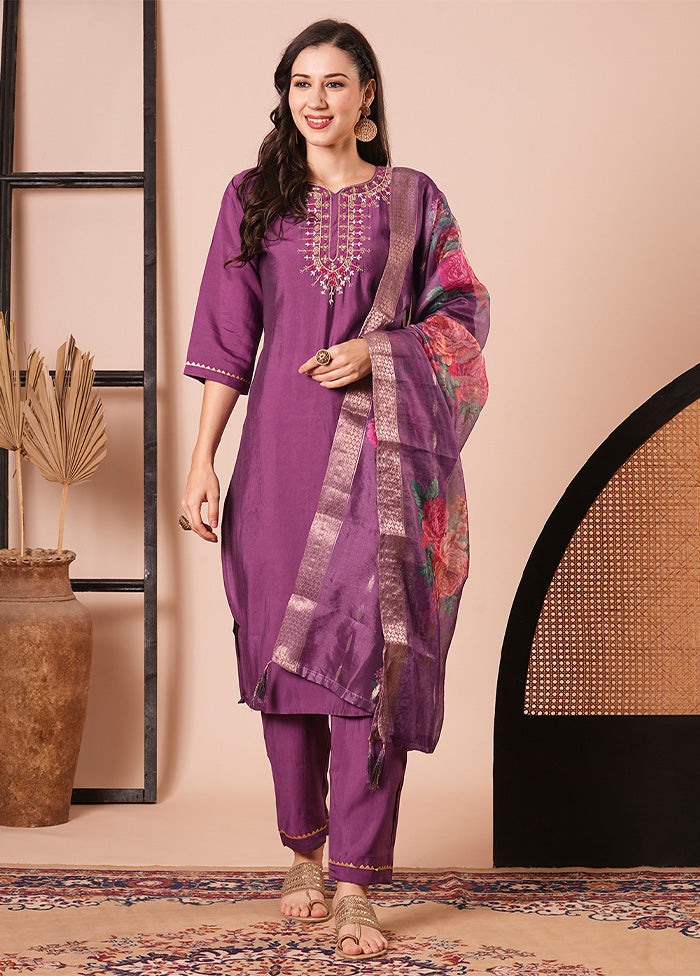 3 Pc Purple Readymade Viscose Dupatta Suit Set