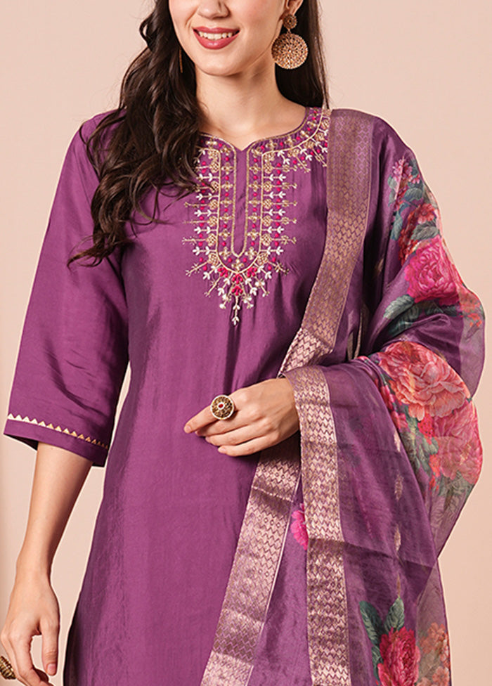 3 Pc Purple Readymade Viscose Dupatta Suit Set