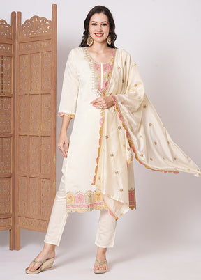 3 Pc Cream Readymade Viscose Dupatta Suit Set