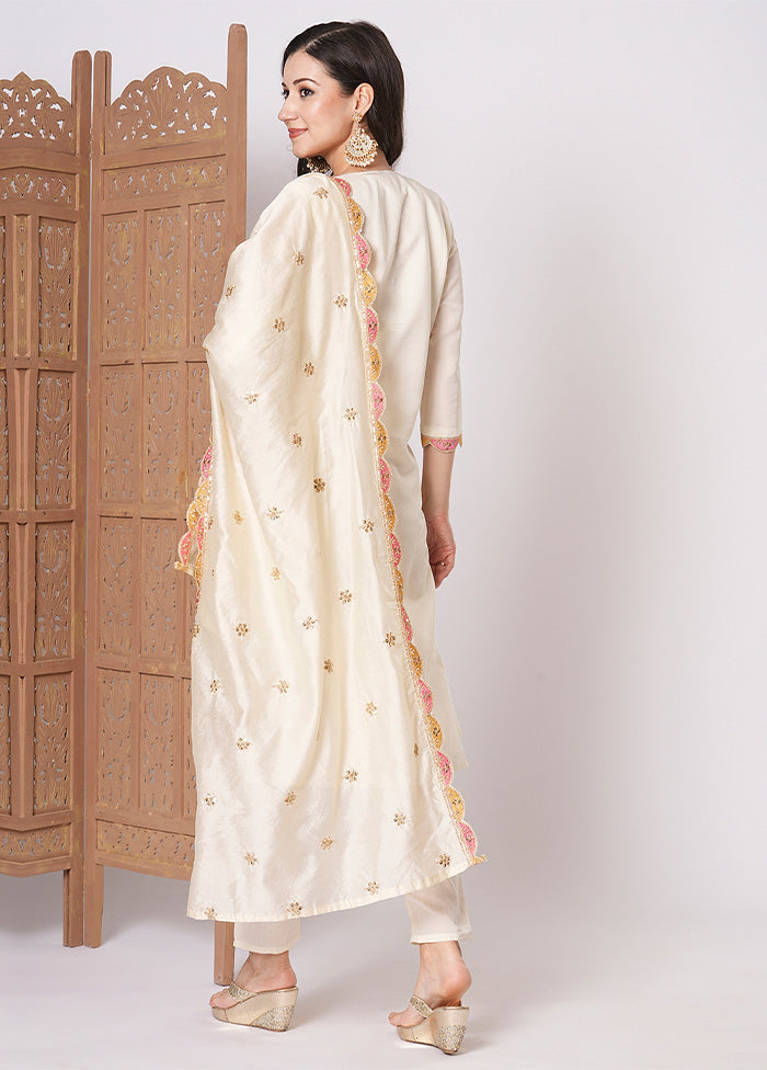 3 Pc Cream Readymade Viscose Dupatta Suit Set