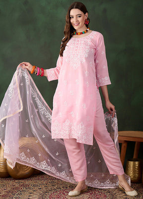3 Pc Baby Pink Readymade Silk Dupatta Suit Set