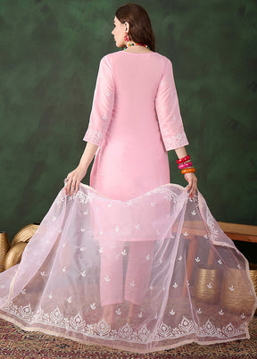 3 Pc Baby Pink Readymade Silk Dupatta Suit Set