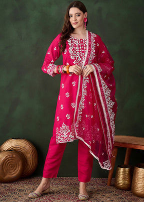 3 Pc Pink Readymade Silk Dupatta Suit Set