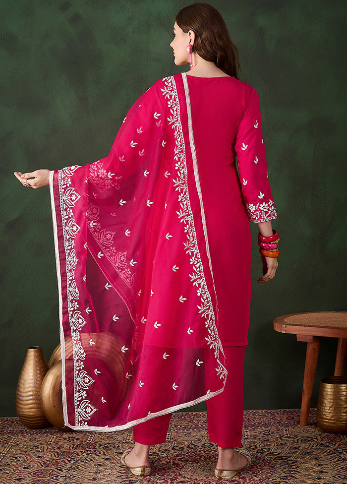 3 Pc Pink Readymade Silk Dupatta Suit Set