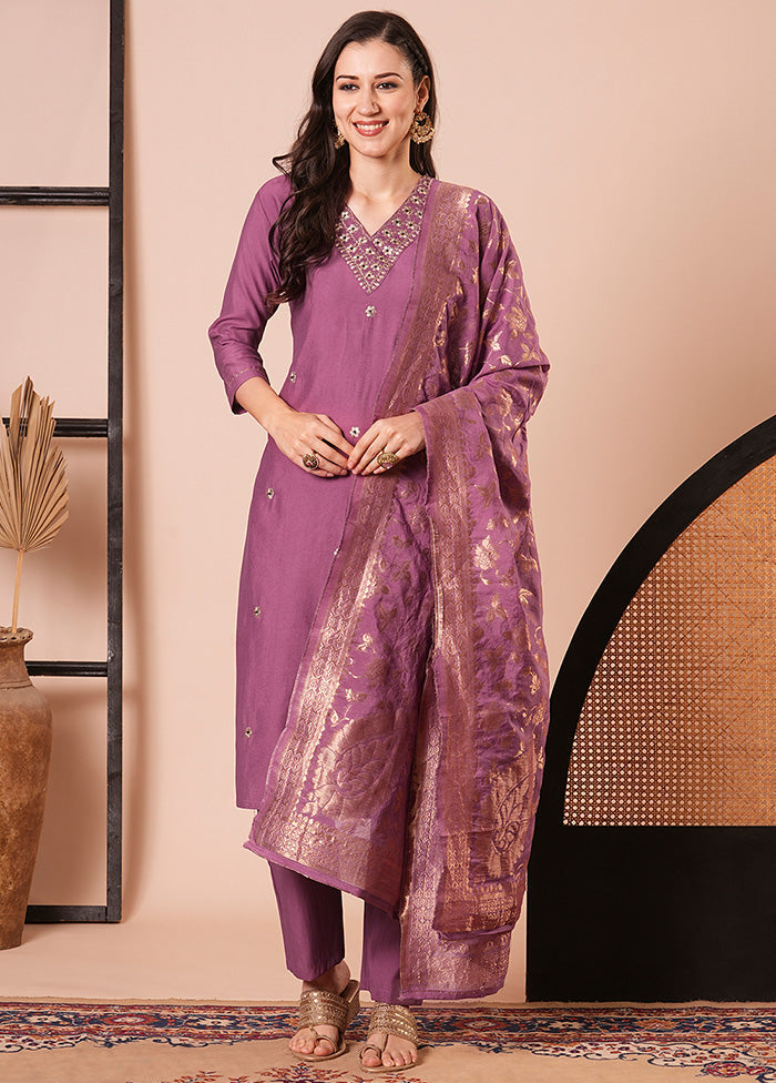 3 Pc Mauve Readymade Chanderi Dupatta Suit Set