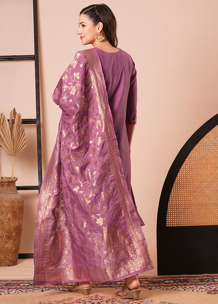 3 Pc Mauve Readymade Chanderi Dupatta Suit Set