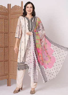 3 Pc Off White Readymade Silk Dupatta Suit Set