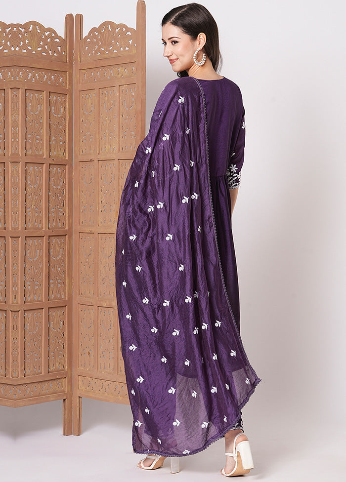 3 Pc Purple Readymade Silk Dupatta Suit Set