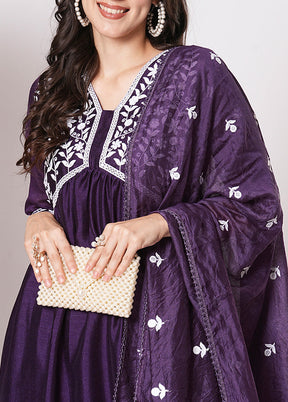 3 Pc Purple Readymade Silk Dupatta Suit Set