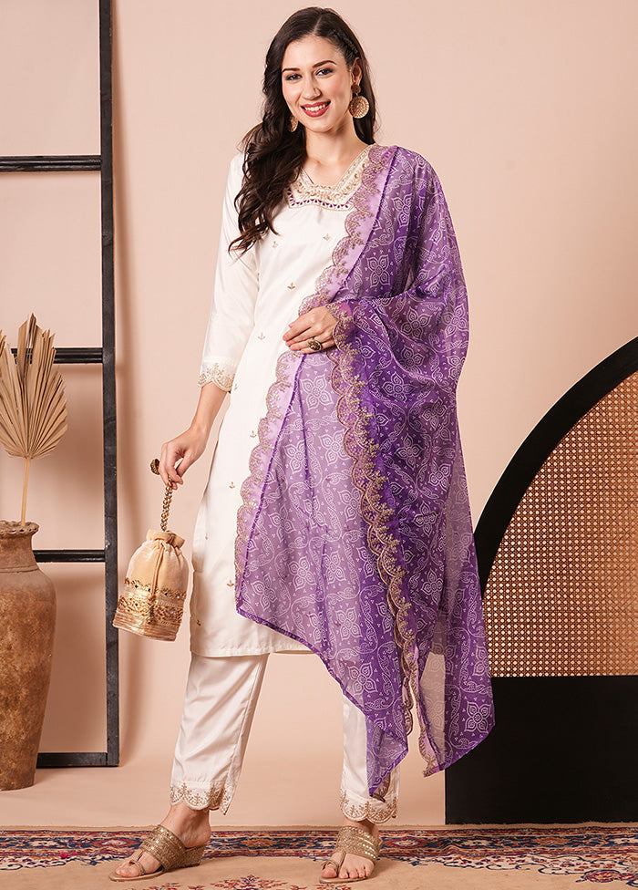 3 Pc Off White Readymade Silk Dupatta Suit Set