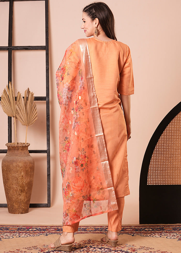 3 Pc Orange Readymade Chanderi Dupatta Suit Set