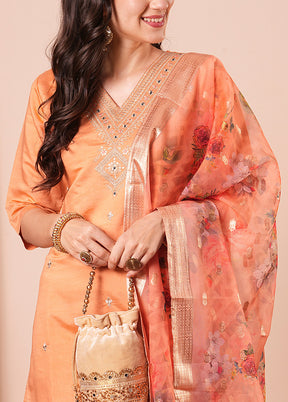 3 Pc Orange Readymade Chanderi Dupatta Suit Set