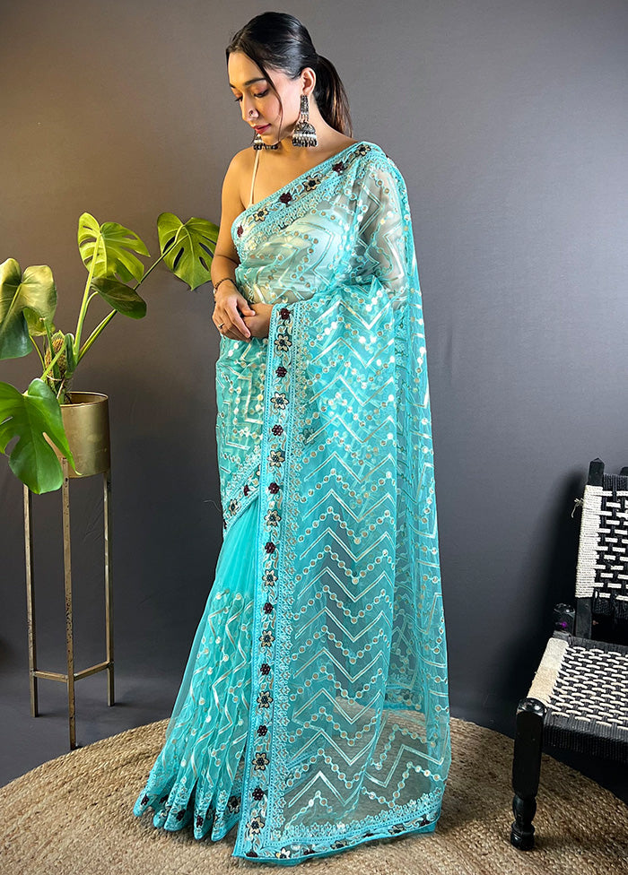 Blue Net Net Saree With Blouse Piece