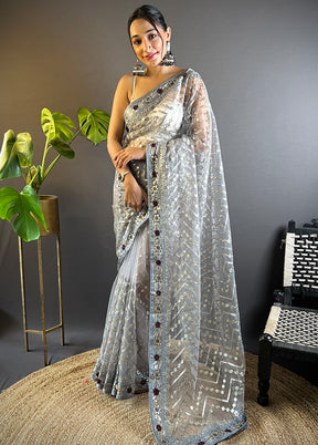 Grey Net Net Saree With Blouse Piece