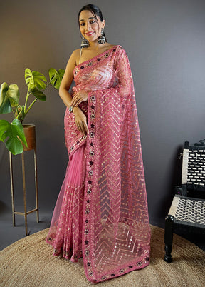 Pink Net Net Saree With Blouse Piece