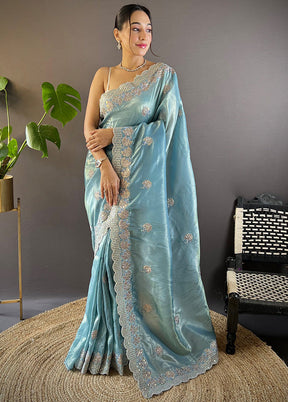 Blue Spun Silk Saree With Blouse Piece