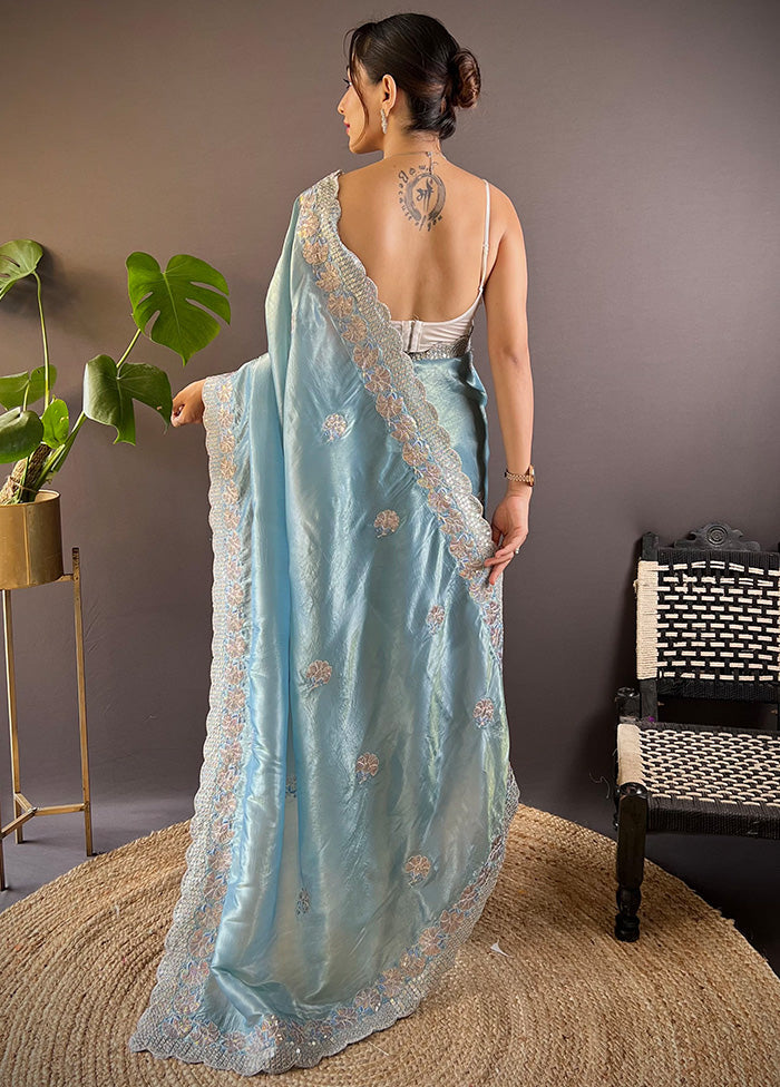 Blue Spun Silk Saree With Blouse Piece