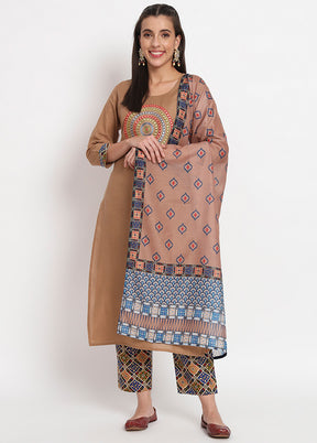 3 Pc Brown Readymade Cotton Dupatta Suit Set