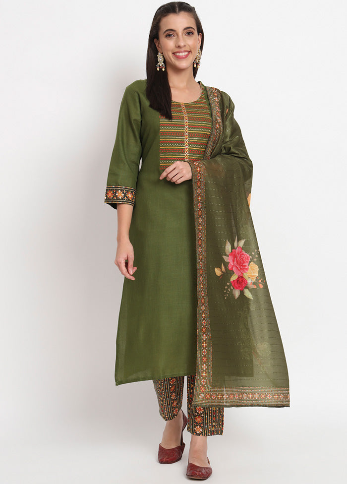 3 Pc Green Readymade Cotton Dupatta Suit Set