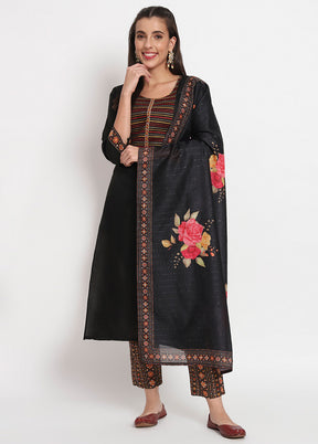 3 Pc Black Readymade Cotton Dupatta Suit Set