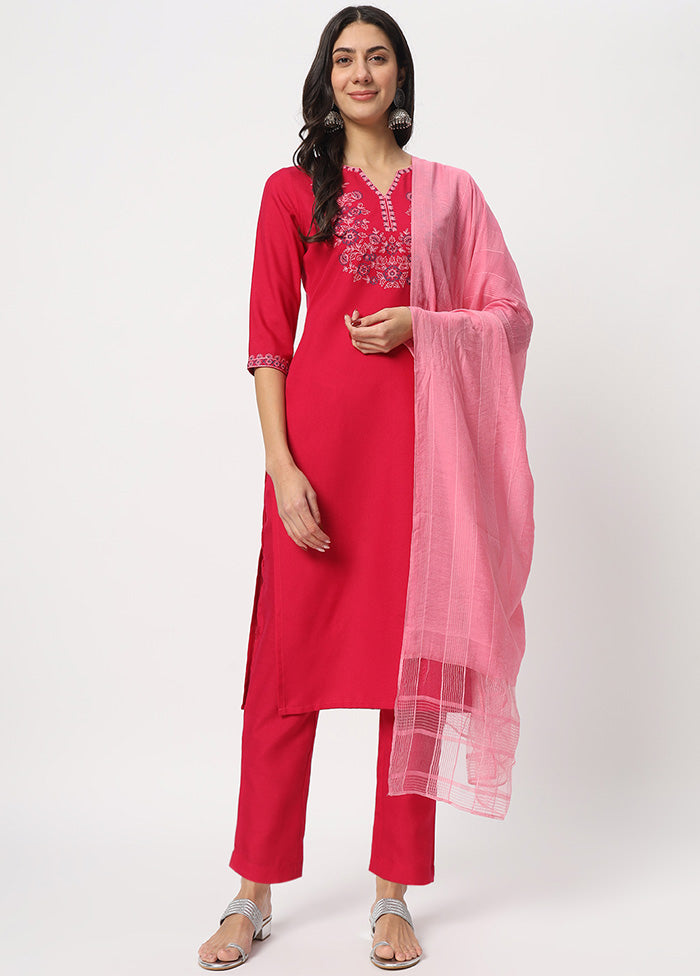 3 Pc Pink Readymade Cotton Dupatta Suit Set