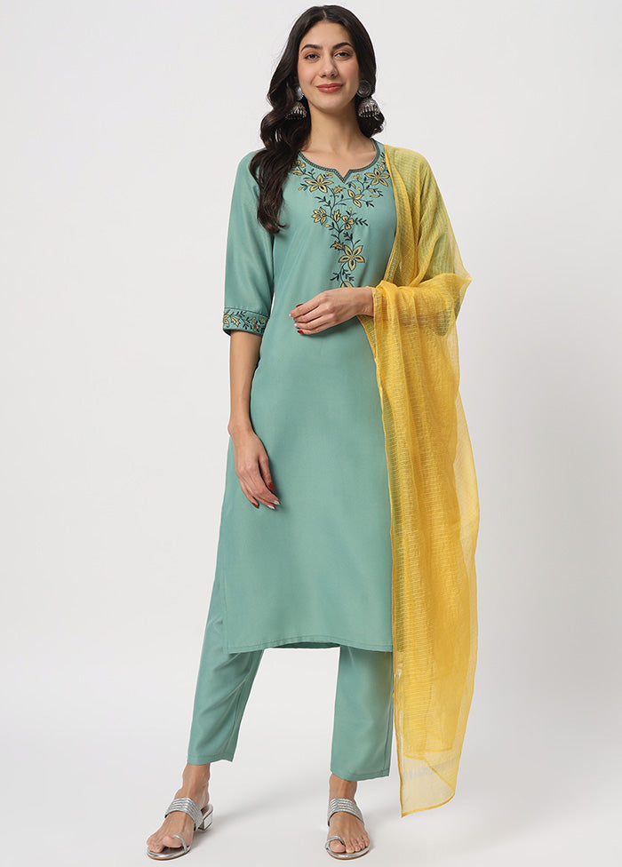 3 Pc Sea Green Readymade Cotton Dupatta Suit Set