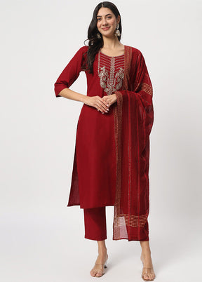 3 Pc Maroon Readymade Cotton Dupatta Suit Set