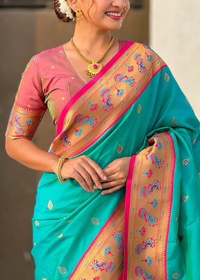 Sea Green Spun Silk Saree With Blouse Piece