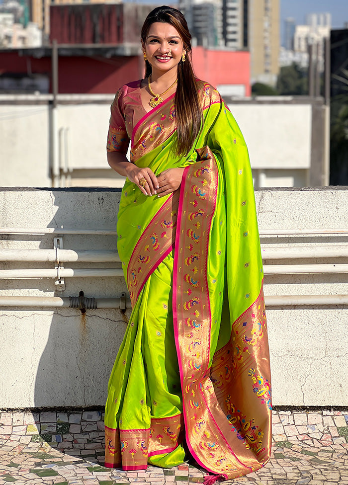 Parrot Green Spun Silk Saree With Blouse Piece