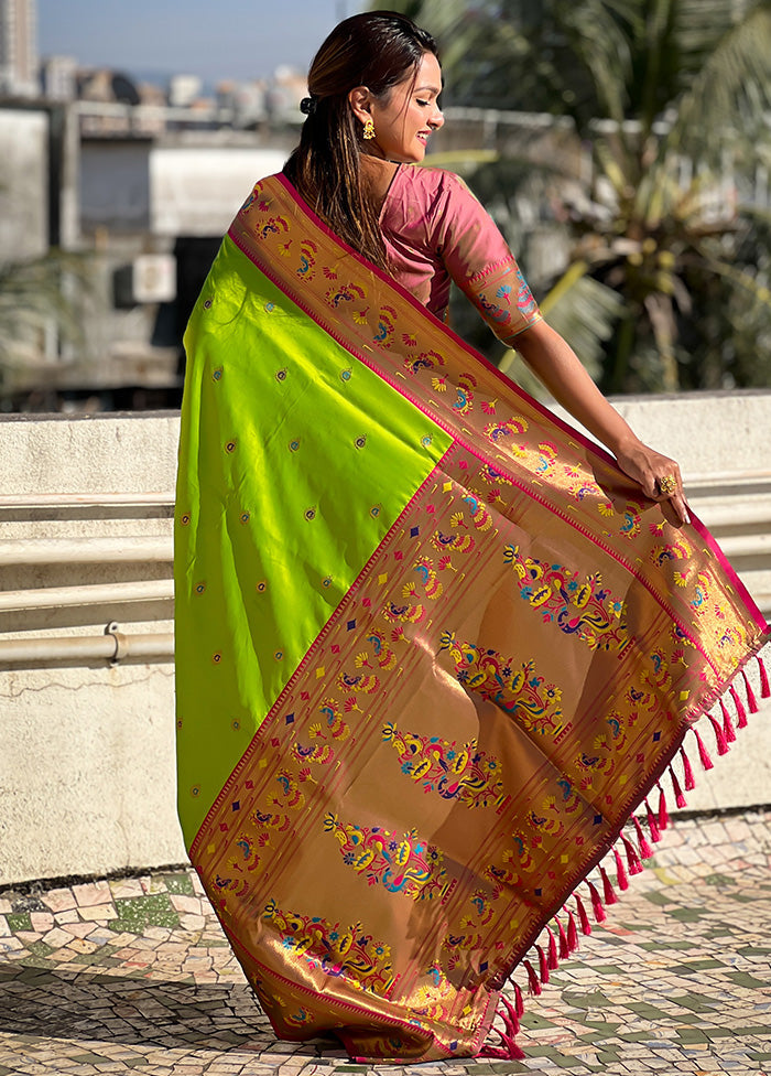 Parrot Green Spun Silk Saree With Blouse Piece