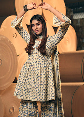 3 Pc Beige Readymade Cotton Dupatta Suit Set