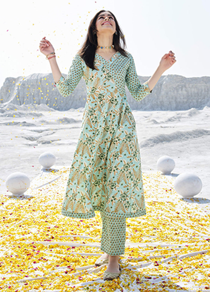 2 Pc Sea Green Readymade Cotton Kurti Set