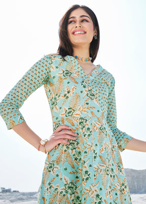 2 Pc Sea Green Readymade Cotton Kurti Set