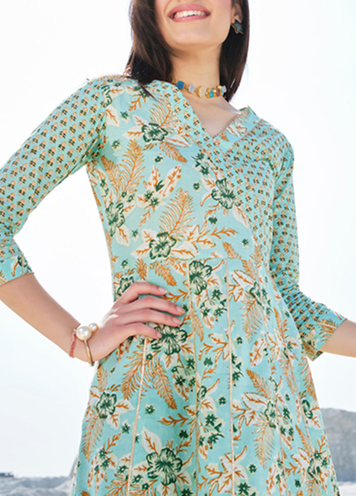 2 Pc Sea Green Readymade Cotton Kurti Set