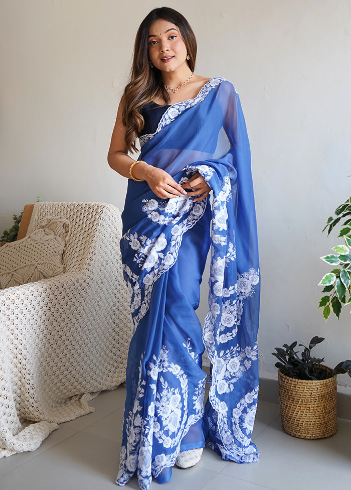 Blue Organza Saree With Blouse Piece