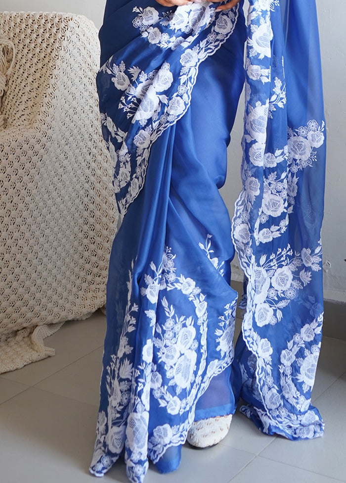 Blue Organza Saree With Blouse Piece