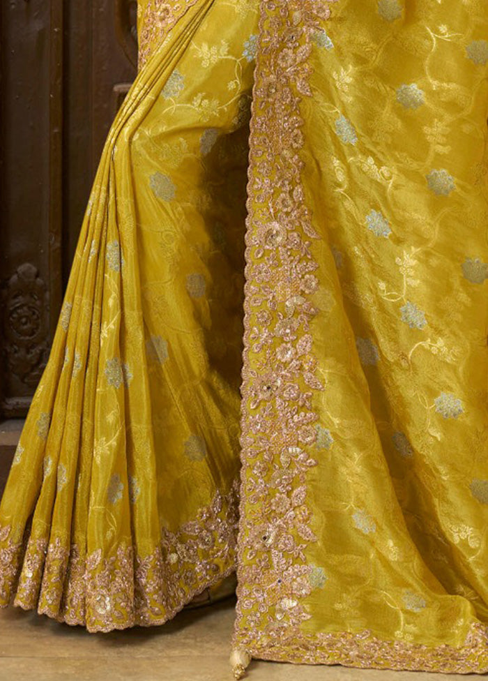 Yellow Spun Silk Saree With Blouse Piece